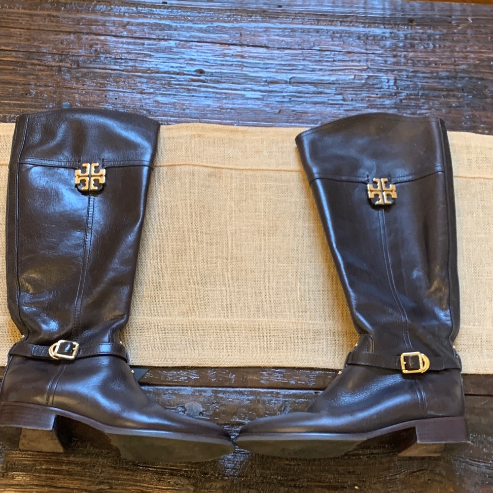 Tory Burch Dark Brown Leather Boots with Gold Accents